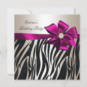 Invitación Fiesta de Cumpleaños Cebra Blanca Crema Negra Rosa
