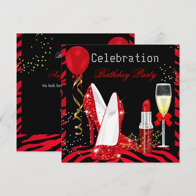 Invitación Fiesta de Cumpleaños Cebra Brillo Labial Rojo (Anverso / Reverso)