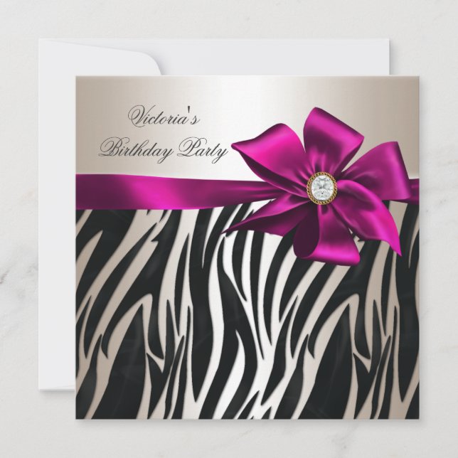 Invitación Fiesta de cumpleaños cebra Crema blanca Rosa Negro (Anverso)