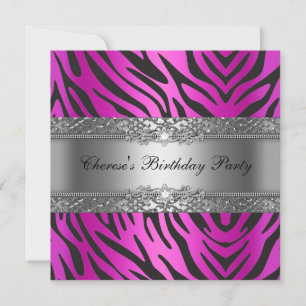 Invitación Fiesta de Cumpleaños Cebra Diamante Negro Rosa Fuc