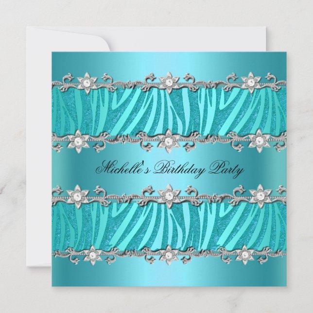 Invitación Fiesta de Cumpleaños Cebra Diamante Turquesa Salva (Anverso)