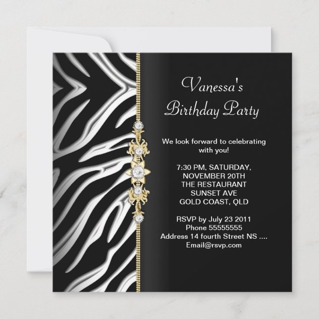 Invitación Fiesta de Cumpleaños Cebra Dorado Negro Blanco Flo (Anverso)