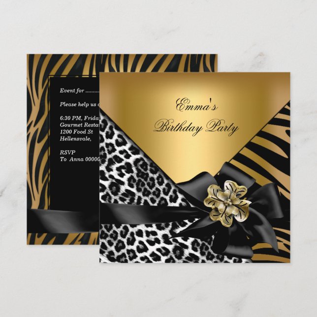 Invitación Fiesta de Cumpleaños Cebra Leopardo Dorado Elegant (Anverso / Reverso)