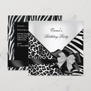 Invitación Fiesta de Cumpleaños Cebra Leopardo Elegante Negro