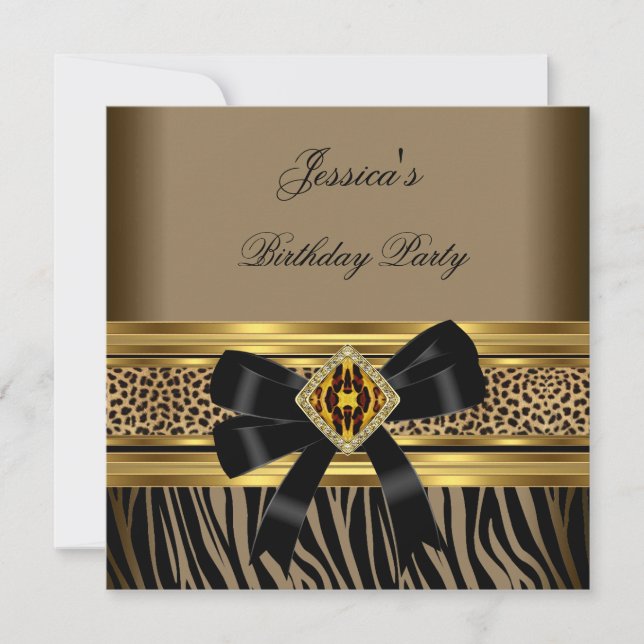 Invitación Fiesta de Cumpleaños Cebra Leopardo Negro Dorado C (Anverso)