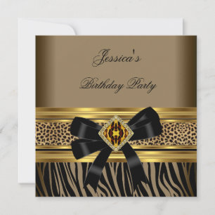 Invitación Fiesta de Cumpleaños Cebra Leopardo Negro Dorado C