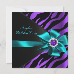 Invitación Fiesta de Cumpleaños Cebra Morado Turquesa Azul Ne