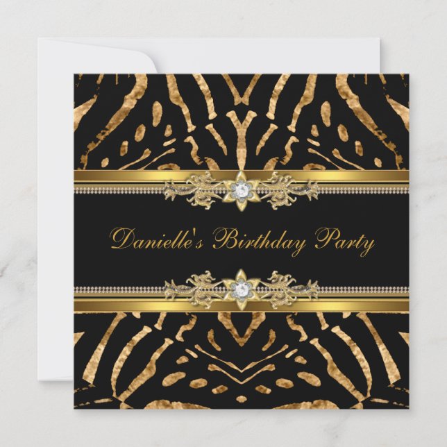 Invitación Fiesta de Cumpleaños Cebra Negro Oro Diamante (Anverso)