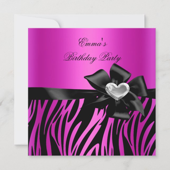 Invitación Fiesta de Cumpleaños Cebra Plata Rosa Fucsia Negro (Anverso)