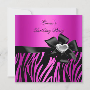 Invitación Fiesta de Cumpleaños Cebra Plata Rosa Fucsia Negro