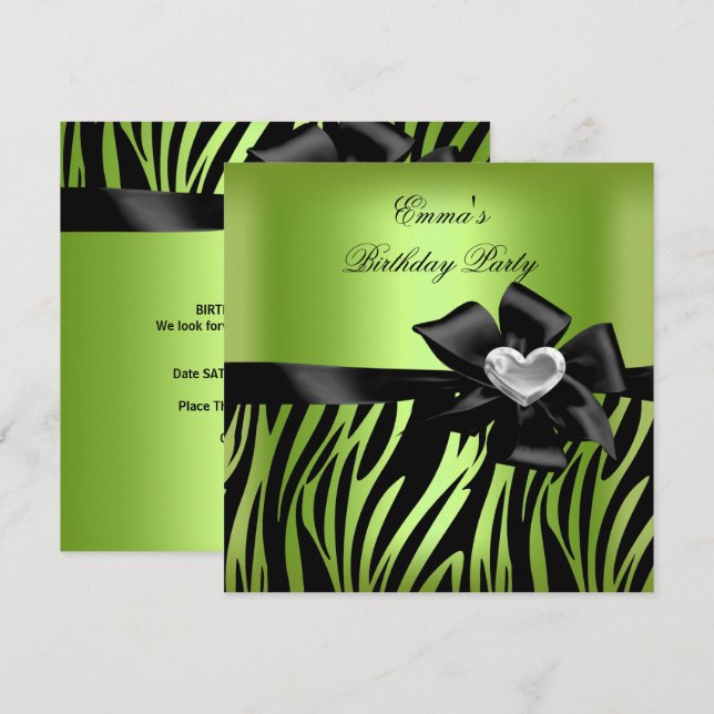Invitación Fiesta de Cumpleaños Cebra Plata Verde Lima Negro (Anverso / Reverso)