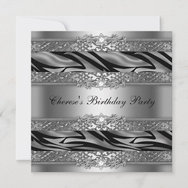 Invitación Fiesta de Cumpleaños Cebra Plateada Diamante (Anverso)