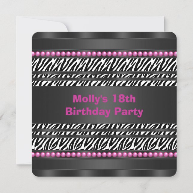 Invitación Fiesta de Cumpleaños Cebra Rosa Brillante (Anverso)