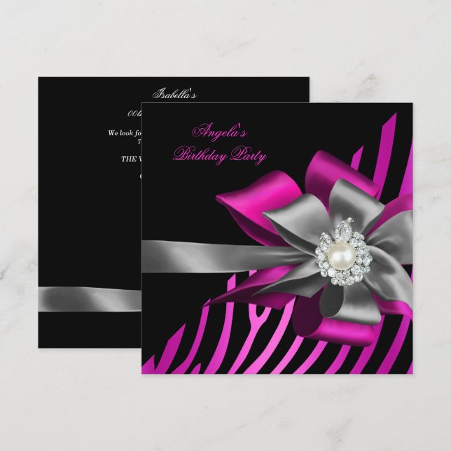 Invitación Fiesta de Cumpleaños Cebra Rosa Negro Plata Arco P (Anverso / Reverso)