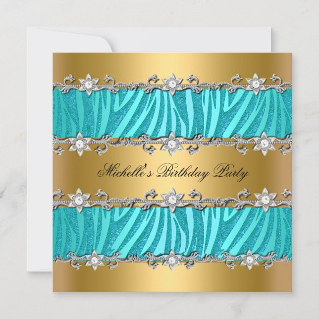 Invitación Fiesta de Cumpleaños Cebra Turquesa Salvaje Diaman (Anverso)