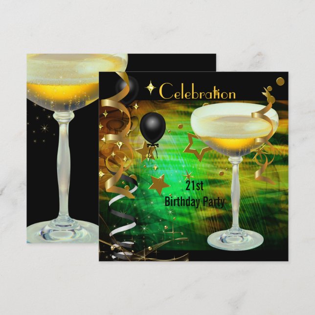 Invitación Fiesta de Cumpleaños Celebración 21 Champán Verde (Anverso / Reverso)