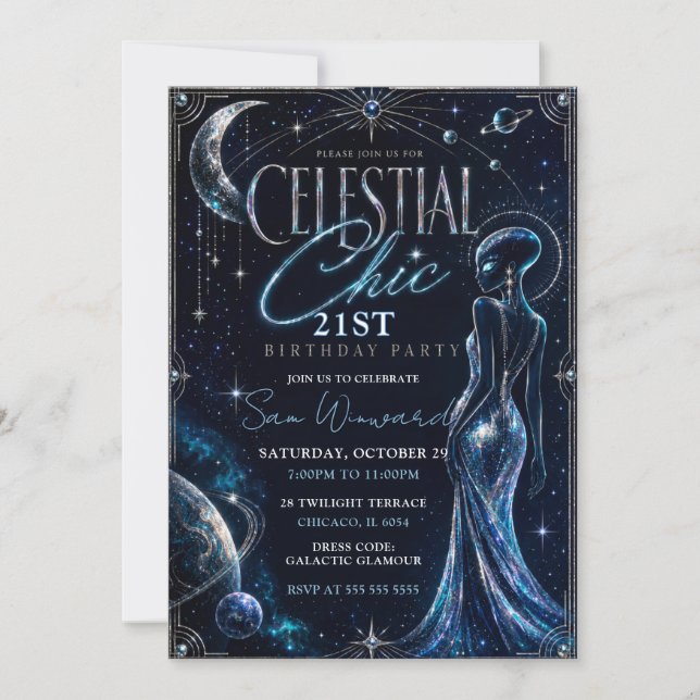 Invitación Fiesta de cumpleaños Celestial Chic 21 (Anverso)