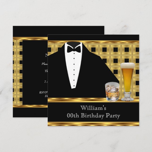 Invitación Fiesta de Cumpleaños Cerveza Escocés Esmoquin Dora (Anverso / Reverso)