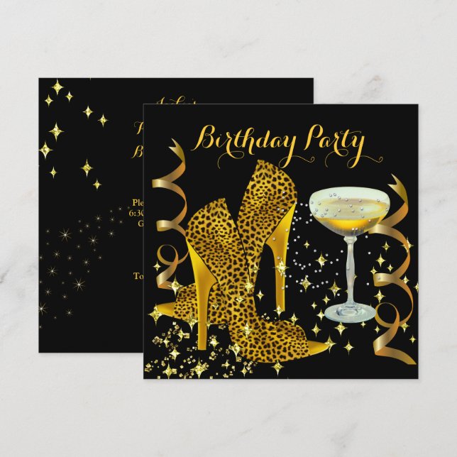 Invitación Fiesta de cumpleaños Champagne Gold Leopard Heels (Anverso / Reverso)