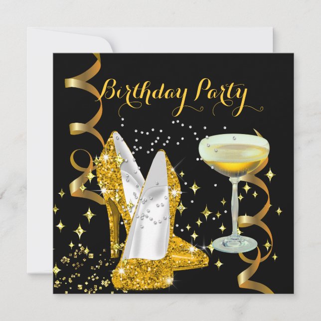 Invitación Fiesta de cumpleaños Champagne Zapatos de Oro (Anverso)