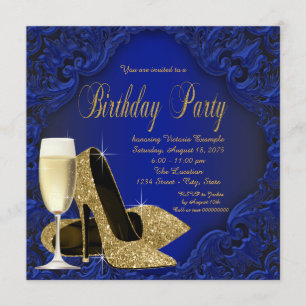Invitación Fiesta de Cumpleaños Champán Tacón Alto Dorado Azu