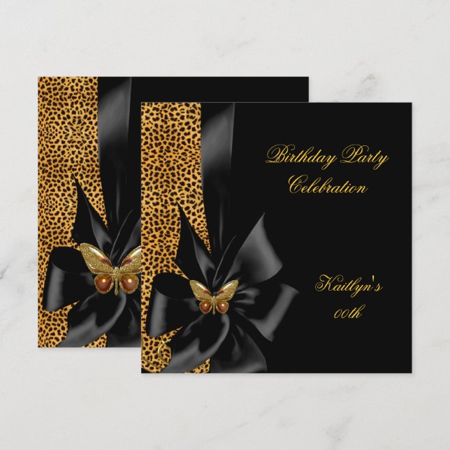 Invitación Fiesta de cumpleaños Cheetah de oro Mariposa negra (Anverso / Reverso)