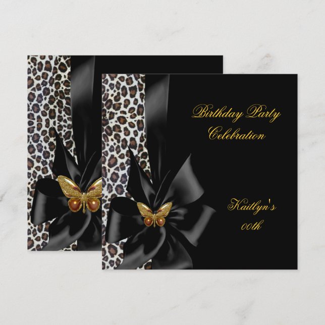 Invitación Fiesta de cumpleaños Cheetah de oro Mariposa negra (Anverso / Reverso)