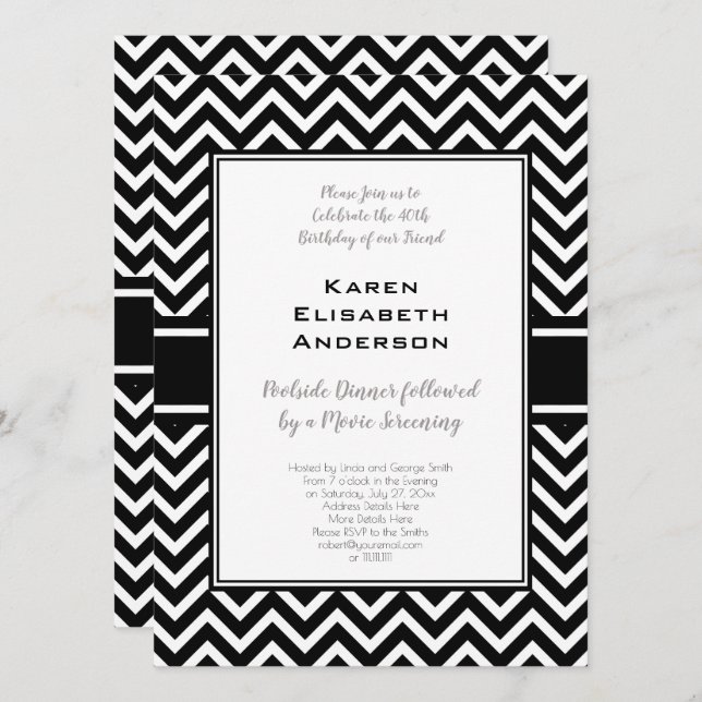 Invitación Fiesta de Cumpleaños Chevron Blanco y Negro (Anverso / Reverso)