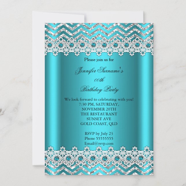 Invitación Fiesta de Cumpleaños Chevron Plateado Perla Azul T (Anverso)