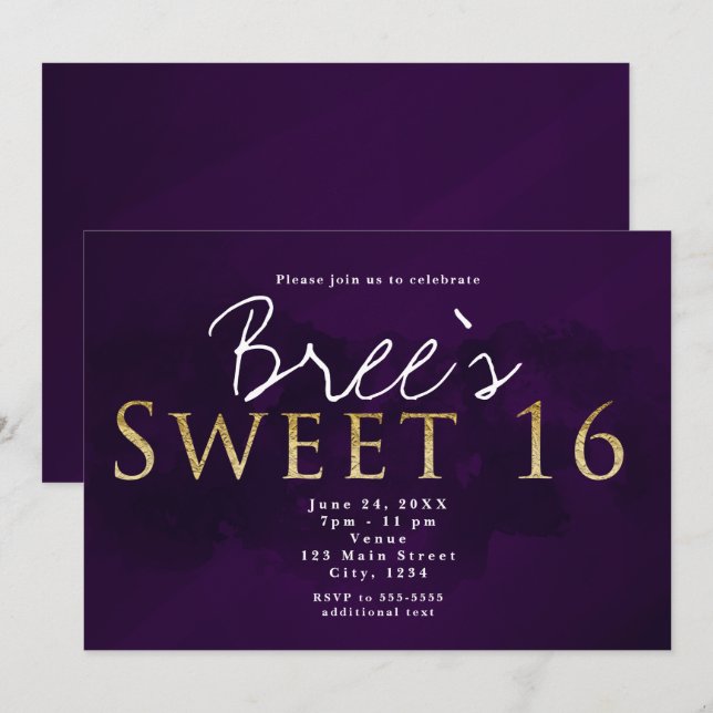 Invitación Fiesta de Cumpleaños Chic de SWEET 16 de Morado, N (Anverso / Reverso)