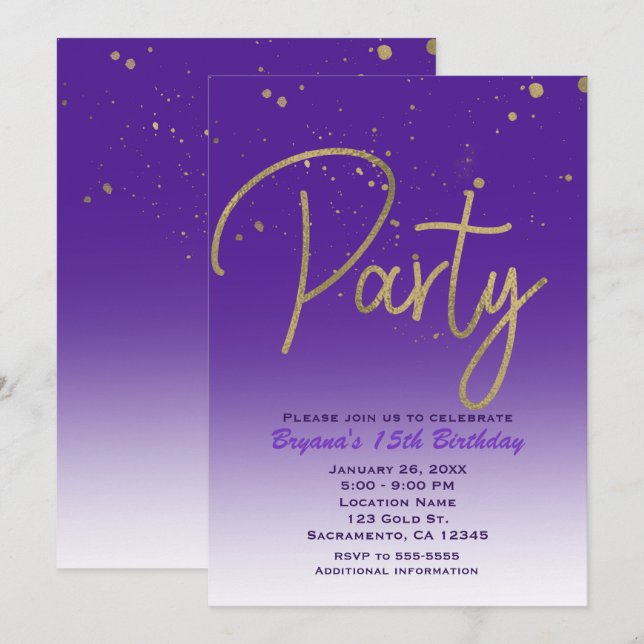 Invitación Fiesta de Cumpleaños Chic Moderno Glam Purpura y D (Anverso / Reverso)