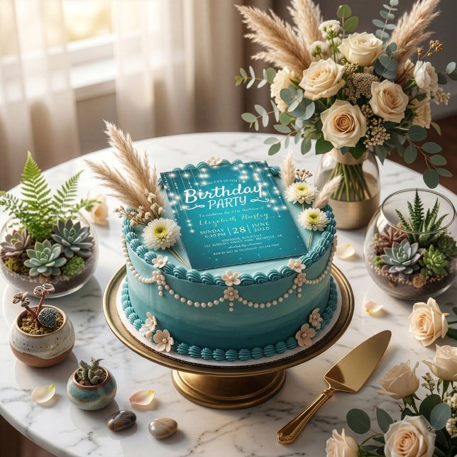 Invitación Fiesta de Cumpleaños Chic Turquesa Luces de Cadena (Subido por el creador)