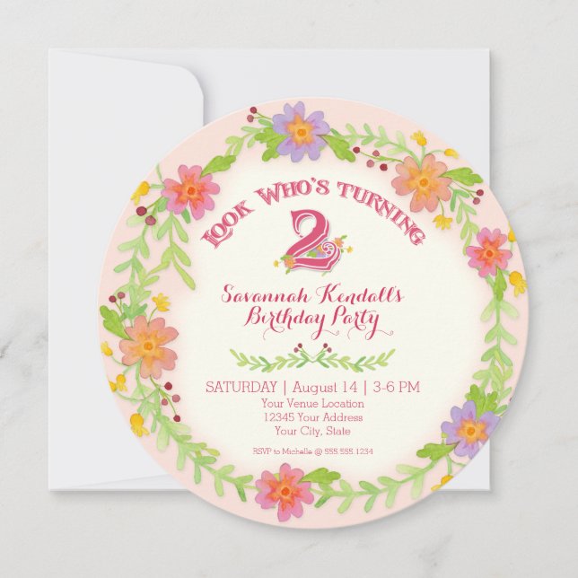 Invitación Fiesta de Cumpleaños Chica de 2 años, Floral acuar (Anverso)