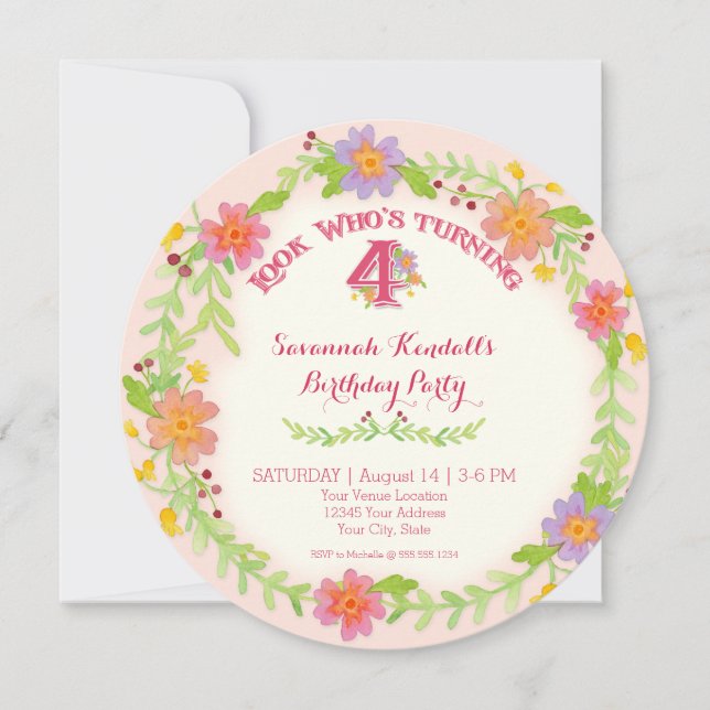 Invitación Fiesta de cumpleaños Chica de 4 años, Floral acuar (Anverso)