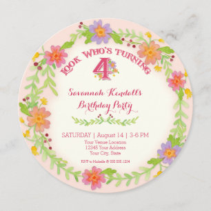 Invitación Fiesta de cumpleaños Chica de 4 años, Floral acuar