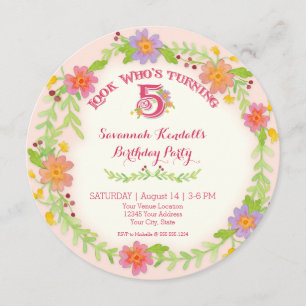 Invitación Fiesta de cumpleaños Chica de 5 años, Floral acuar