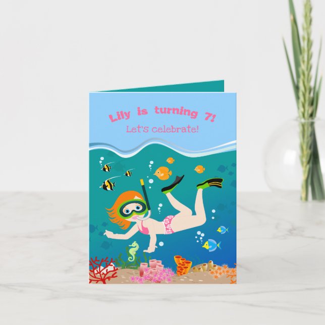Invitación Fiesta de cumpleaños chica snorkel con peces tropi (Anverso)