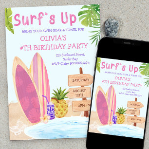 Invitación Fiesta de Cumpleaños Chicas Tabla de Surf Surfs Up