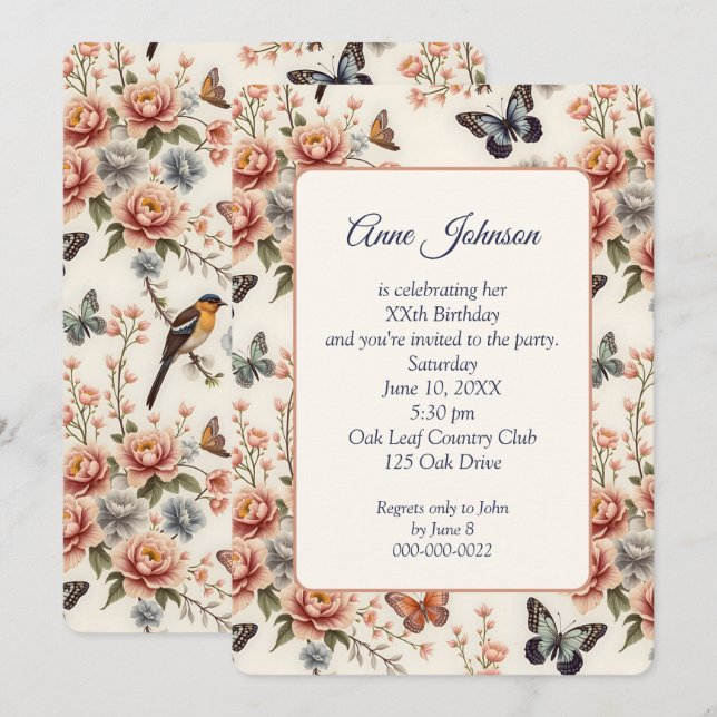 Invitación Fiesta de cumpleaños Chinoiserie La armonía de la  (Anverso / Reverso)