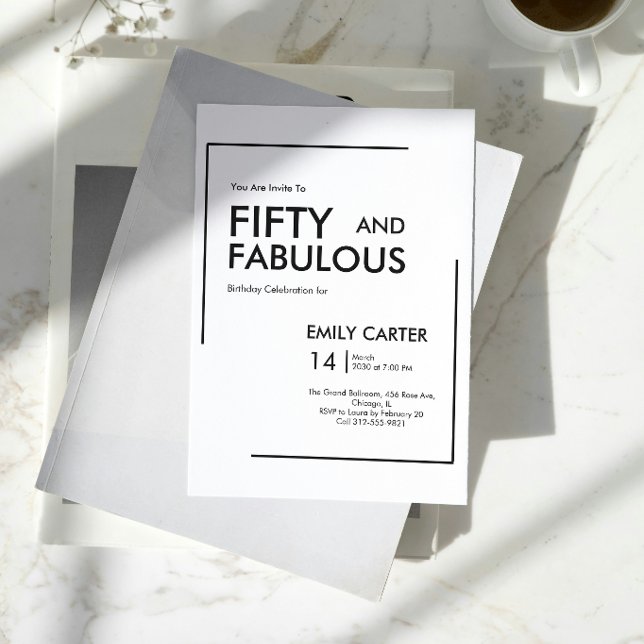 Invitación Fiesta de cumpleaños cincuenta mínima y fabulosa 5 (Minimal Fifty and Fabulous 50th Birthday Party Invitation)