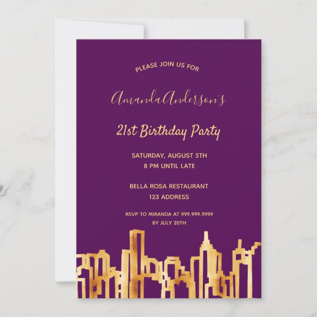 Invitación Fiesta de cumpleaños ciudad de oro morado (Anverso)