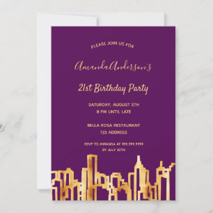 Invitación Fiesta de cumpleaños ciudad de oro morado