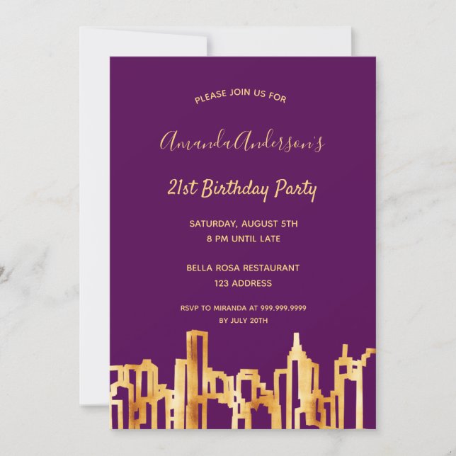 Invitación Fiesta de cumpleaños ciudad de oro morado (Anverso)