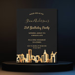 Invitación Fiesta de cumpleaños ciudad de oro negro<br><div class="desc">Una invitación para una elegante fiesta de cumpleaños número 21 (o cualquier edad) para él, hombres o ella, mujeres. Un elegante fondo negro con un falso perfil de la ciudad dorado como decoración. El texto: El nombre está escrito con una escritura de estilo con letras a mano moderna y dorada....</div>