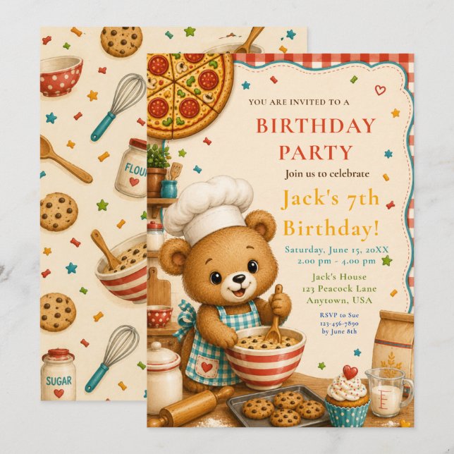 Invitación Fiesta de Cumpleaños Cocina Oso 7º Cumpleaños (Anverso / Reverso)