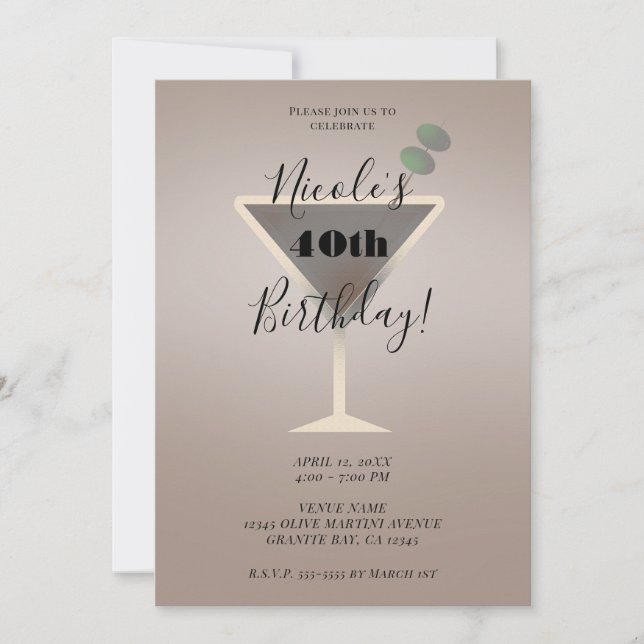 Invitación Fiesta de Cumpleaños Cóctel Glam Martini de Aceitu (Anverso)