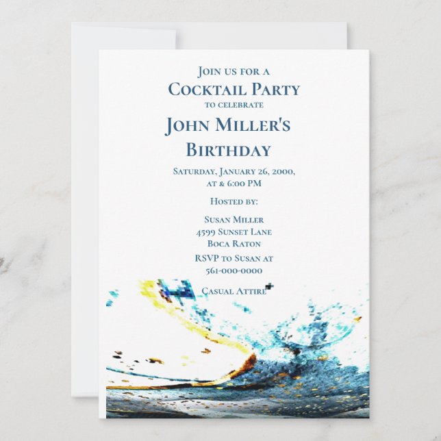 Invitación Fiesta de Cumpleaños Cóctel Onda Azul Abstracta  (Anverso)