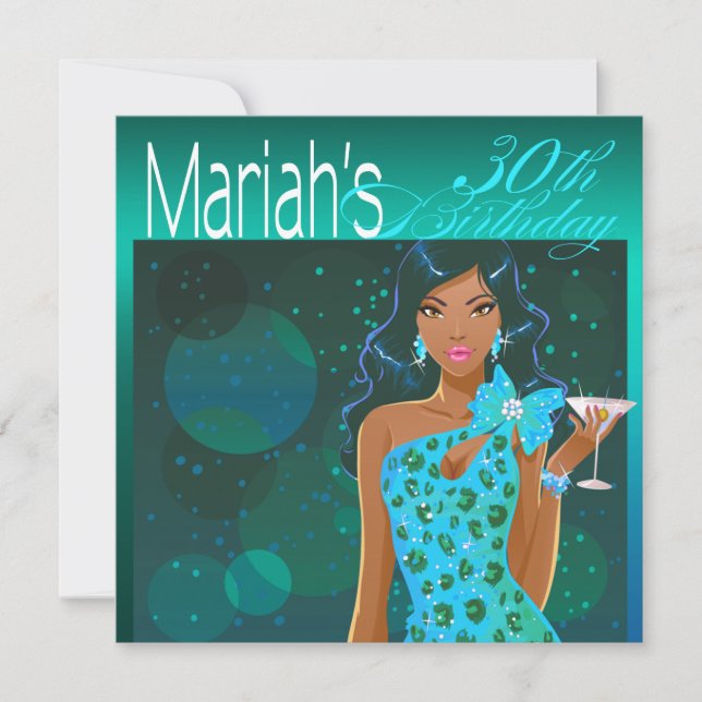Invitación Fiesta de cumpleaños cóctel Pretty Lady en azul tu (Anverso)