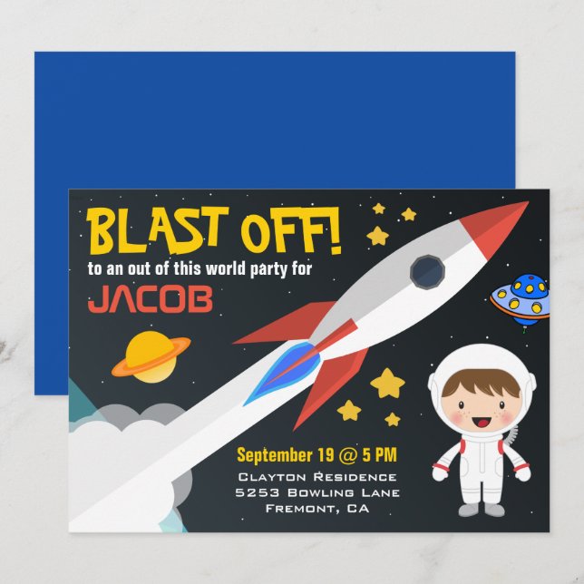 Invitación Fiesta de Cumpleaños Cohete Espacial para Chicos M (Anverso / Reverso)
