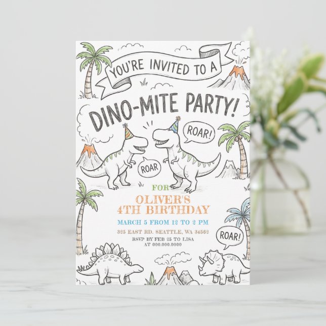 Invitación Fiesta de Cumpleaños Color Me Dinosaur (Anverso de pie)